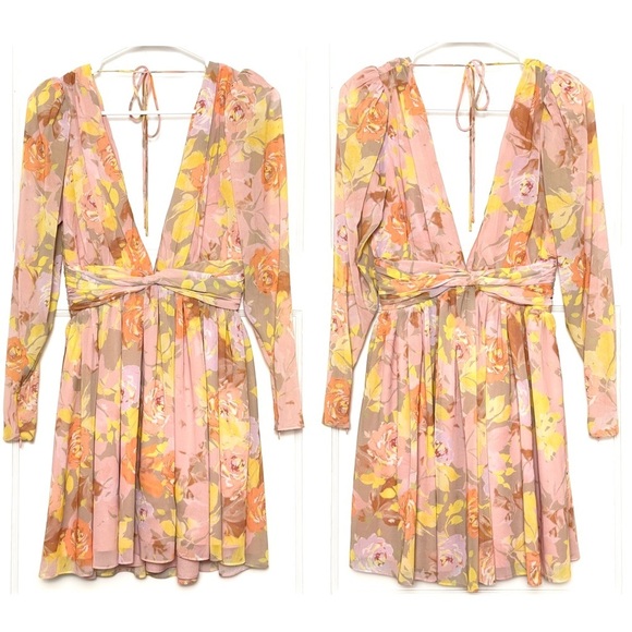 RONNY KOBO Floral Chiffon Puff Long Sleeve Pleated V-Neck Open Back Tie Dress XS - Picture 5 of 8